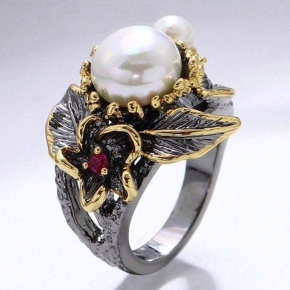 Artistic Round White Pearl Bohemia Black Leaf Flower Ring - Picture 6 of 11